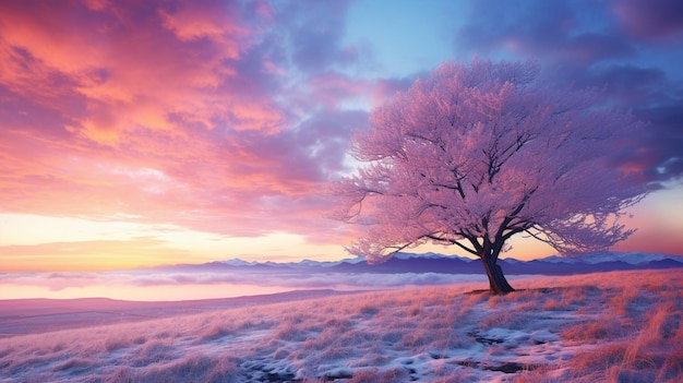 Árbol Arafed en un campo con un cielo rosa en el fondo ai generativo