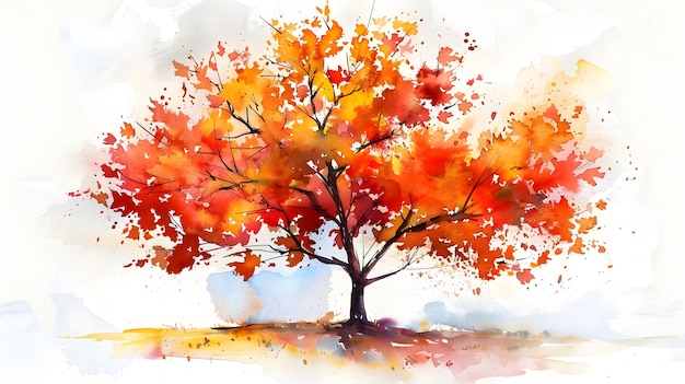 Árbol de arce de otoño vibrante en una pintura de acuarela impresionista
