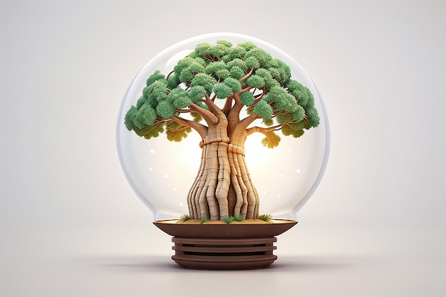 Árbol de baobab dentro de la bombilla de luz logotipo creativo sin contorno vectorial fondo blanco 3D render hiper realista