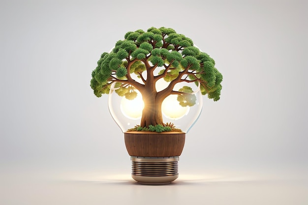 Árbol de baobab dentro de la bombilla de luz logotipo creativo sin contorno vectorial fondo blanco 3D render hiper realista