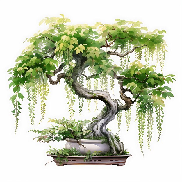 Árbol de bonsai aislado con hojas de bambú compuestas con hojas graciosas en blanco BG Japón Arte chino