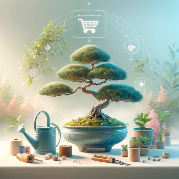 Árbol de bonsai con concepto de compras digitales