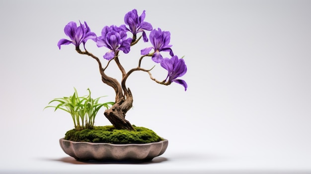 Árbol de bonsai de iris Arte tradicional japonés en un cuenco gris