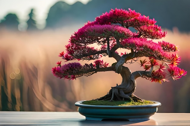 Árbol Bonsai en una olla con un fondo borroso