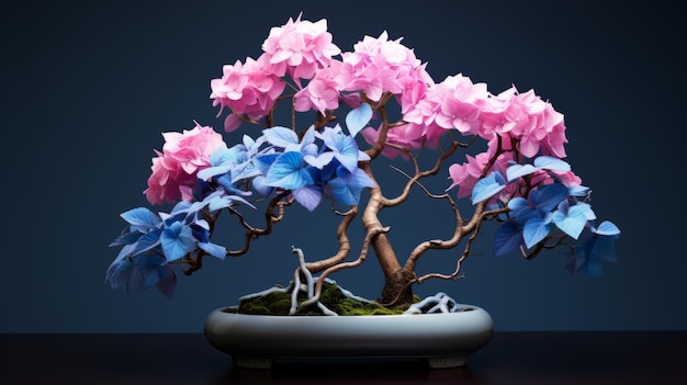 Árbol de bonsai origami hiperrealista con flores Composición fotorrealista impresionante