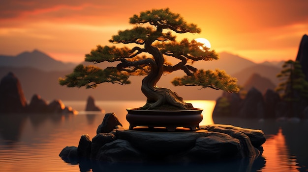 Árbol Bonsai en la playa con cielo al atardecer