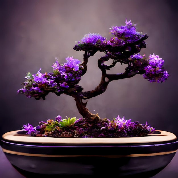 Árbol bonsai violeta en una olla