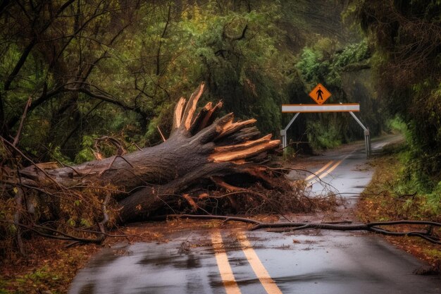 Árbol caído con un letrero de cierre de carretera cerca creado con ai generativo