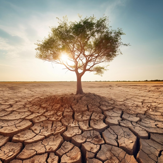 Árbol del cambio climático en tierra asolada por la sequía IA generativa