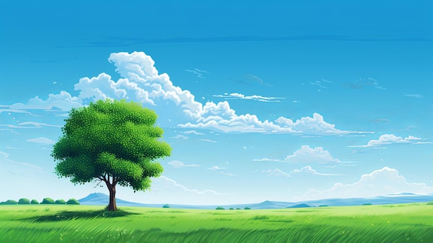 Árbol de campo verde y cielo azul genial como banner web de fondo