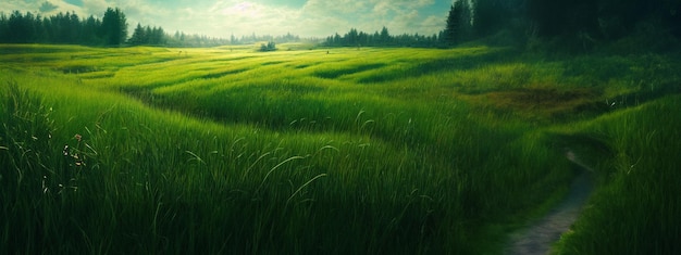 Árbol de campo verde y cielo azul genial como fondo web banner generativo ai