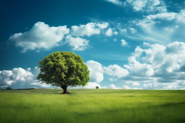 Árbol de campo verde y gran cielo azul como fotografía de fondo