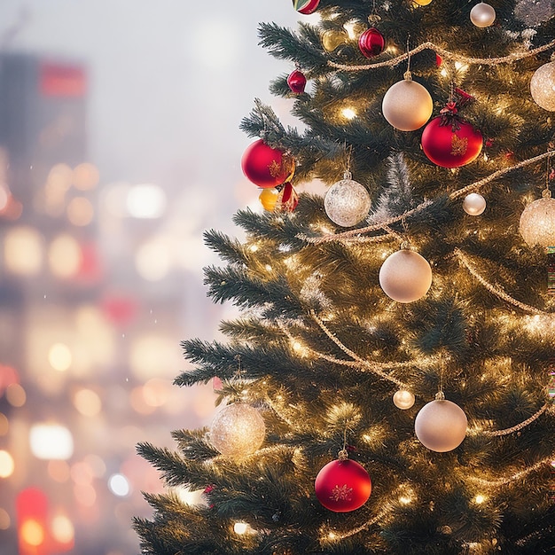 Árbol de carismas decorado año nuevo sobre fondo de invierno paisaje urbano borroso generado por AI