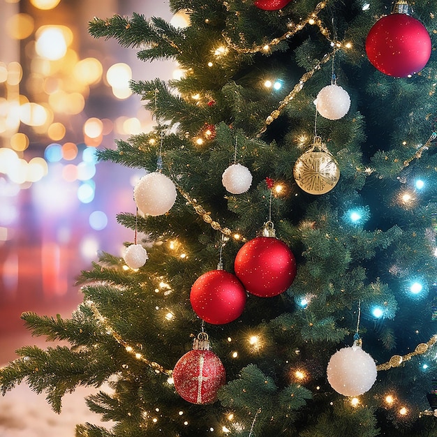 Árbol de carismas decorado año nuevo sobre fondo de invierno paisaje urbano borroso generado por AI