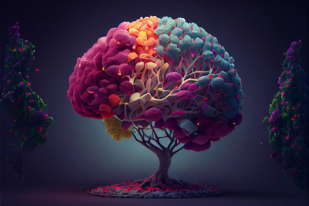 Árbol del cerebro humano con flores autocuidado y concepto de salud mental IA generativa