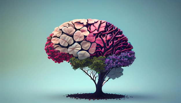 Árbol del cerebro humano con flores autocuidado y concepto de salud mental IA generativa