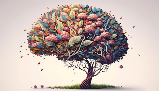 Árbol del cerebro humano con flores autocuidado y concepto de salud mental IA generativa