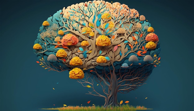 Árbol del cerebro humano con flores autocuidado y concepto de salud mental IA generativa