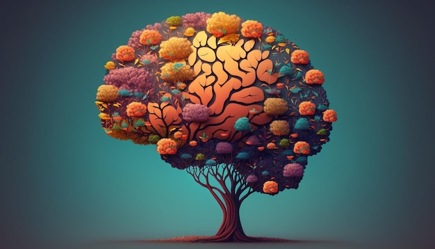 Árbol del cerebro humano con flores autocuidado y concepto de salud mental IA generativa