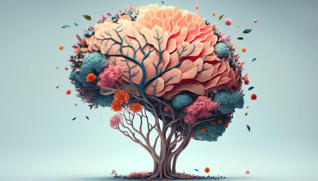 Árbol del cerebro humano con flores autocuidado y concepto de salud mental IA generativa