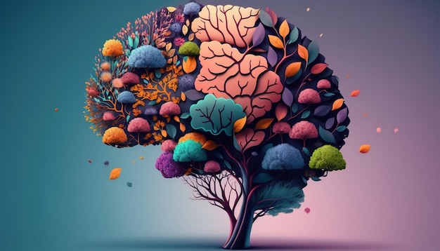 Árbol del cerebro humano con flores autocuidado y concepto de salud mental IA generativa