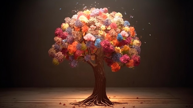 Árbol del cerebro humano con flores autocuidado y concepto de salud mental pensamiento positivo mente creativa IA generativa