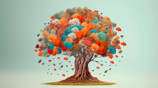 Árbol del cerebro humano con flores autocuidado y concepto de salud mental pensamiento positivo mente creativa IA generativa