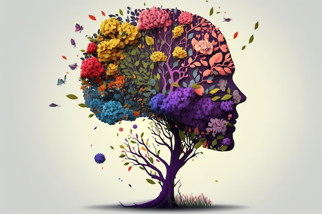 Árbol del cerebro humano con flores, autocuidado y salud mental.