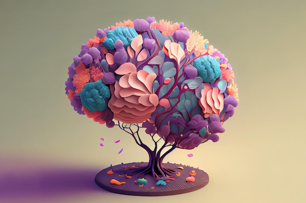 Árbol del cerebro humano con flores y mariposas autocuidado y concepto de salud mental Generativo Ai