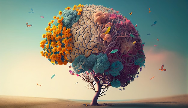 Árbol del cerebro humano con flores y mariposas concepto de autocuidado y salud mental pensamiento positivo mente creativa IA generativa