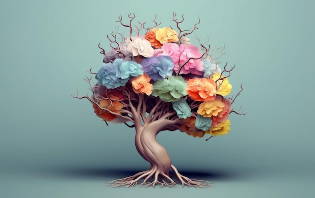 Árbol del cerebro humano con flores SelfCare Generative AI