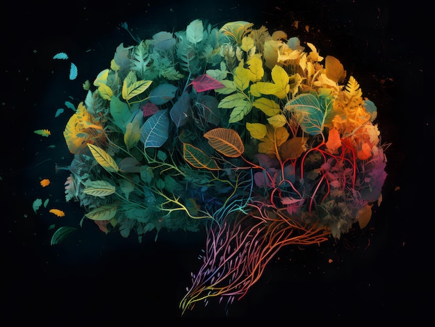 Árbol del cerebro humano con hojas coloridas mente creativa con fondo negro