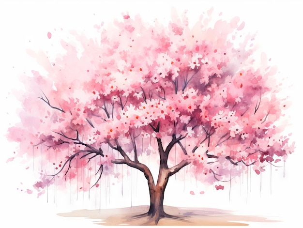 Árbol de cereza en flor Ilustración en acuarela aislada sobre un fondo blanco IA generativa