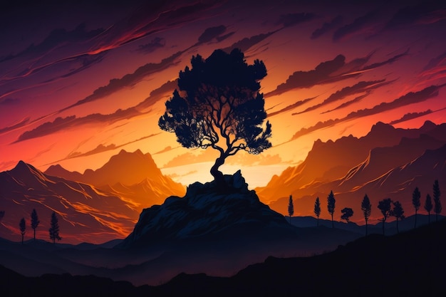 Árbol en la cima de la montaña al atardecer IA generativa