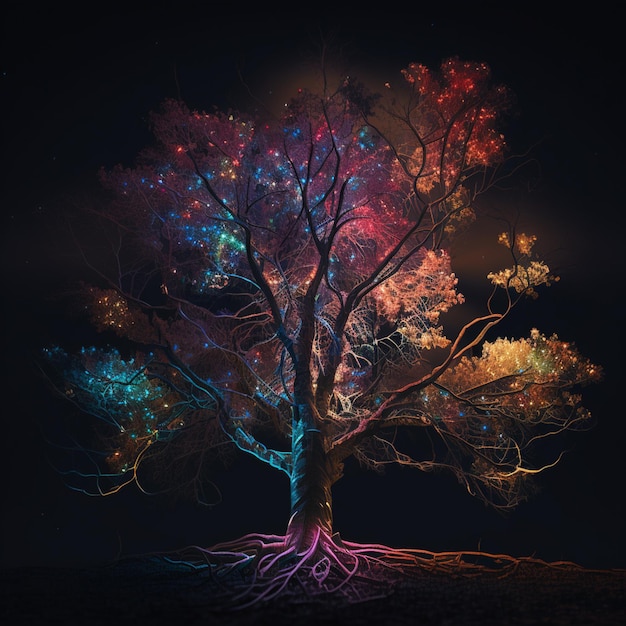 Árbol de colores brillantes con raíces en la oscuridad con una luna llena en el fondo generativo ai