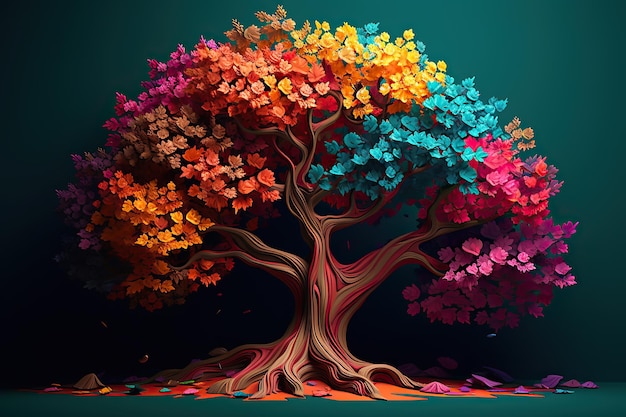 Árbol colorido con fondo de hojas papel tapiz de abstracción 3d para decoración de arte de pared mural interior