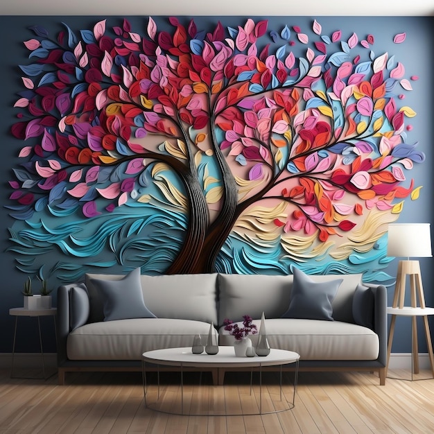 Árbol colorido con hojas multicolores ilustración de fondo decoración artística de la pared interior