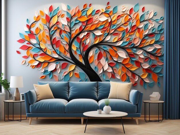 Árbol colorido con hojas multicolores ilustración de fondo decoración artística de la pared interior