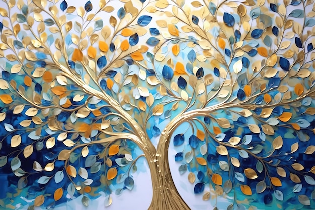 Árbol colorido con hojas en ramas colgantes de un fondo de ilustración azul blanco y dorado