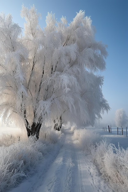 Árbol congelado en campo de invierno y cielo azul