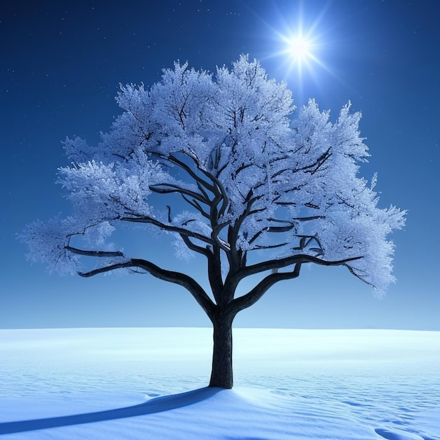 Árbol congelado solitario a la luz de la luna nevada IA generativa