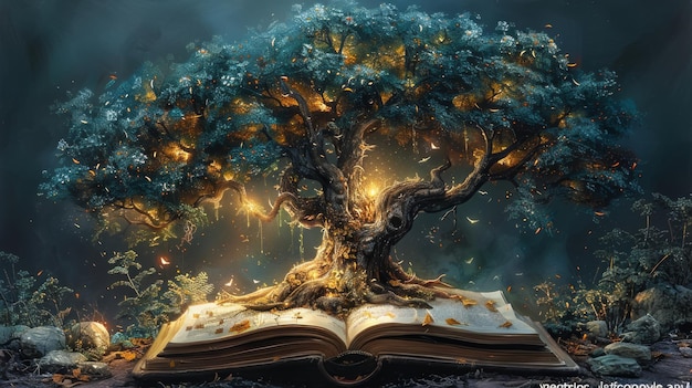 Árbol del conocimiento que crece a partir de un antiguo libro luz mágica que ilumina el camino al éxito entorno de biblioteca encantadora IA generativa