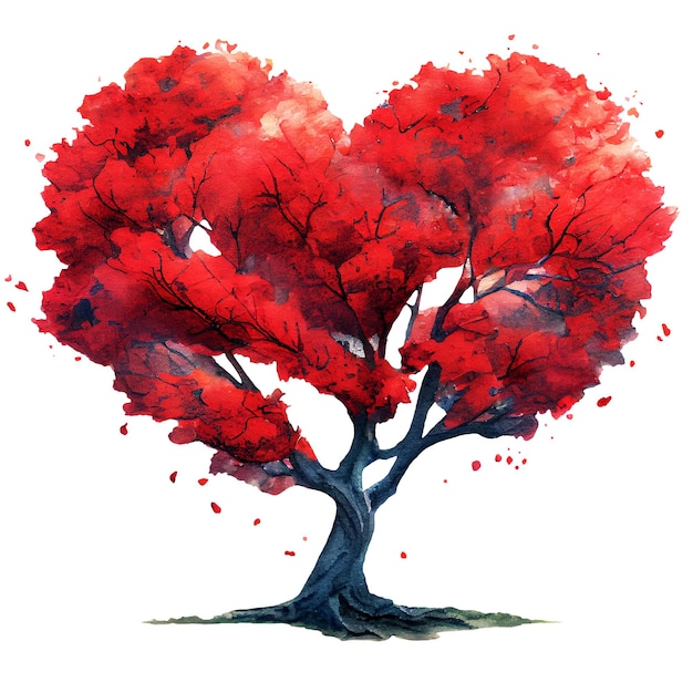 Árbol de corazón rojo aislado sobre fondo blanco Ilustración en acuarela