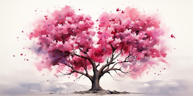 Árbol de corazón de sakura rosa con una flor en el estilo de acuarelas realistas