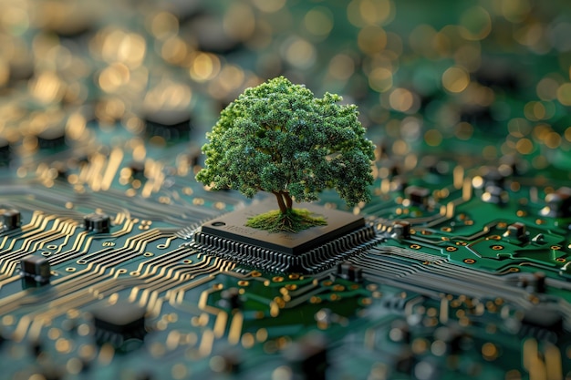Árbol creciendo en el punto de convergencia del chip de la computadora en la placa base