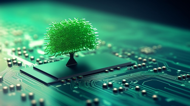Árbol creciendo en el punto de convergencia del circuito de computadora 3D
