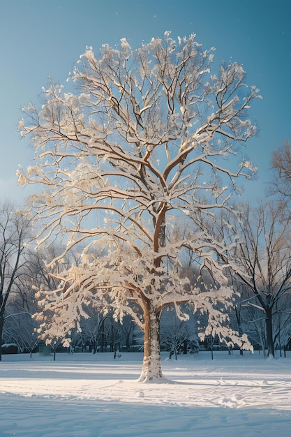 Árbol cubierto de nieve en un campo abierto bajo un cielo frío de invierno