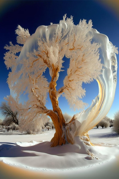 Árbol cubierto de nieve en medio de un campo nevado ai generativo