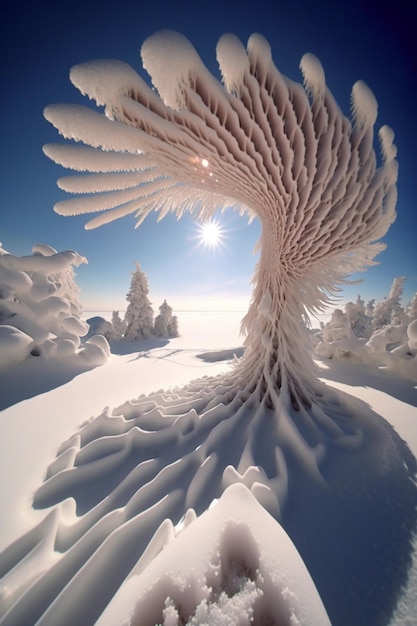 Árbol cubierto de nieve en medio de un campo nevado ai generativo