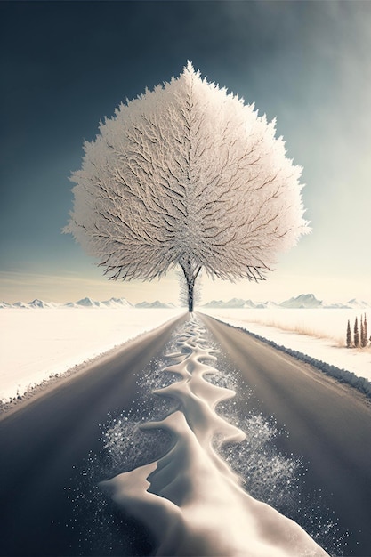 Árbol cubierto de nieve sentado al lado de un camino generativo ai